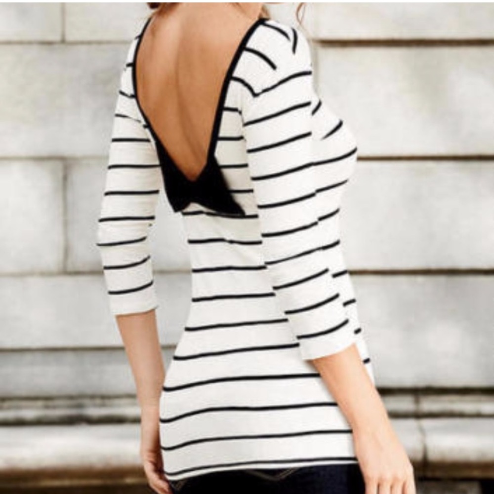 Alloy Striped Bow Top Low Back Black Cream 3/4 Long Sleeve Small